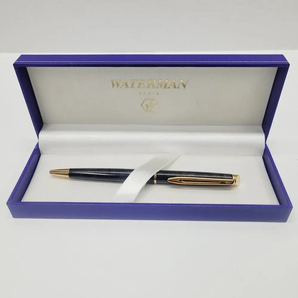 Waterman Paris Black Marble & Gold Trimmed Twist Ballpoint Pen Blue Case LFB